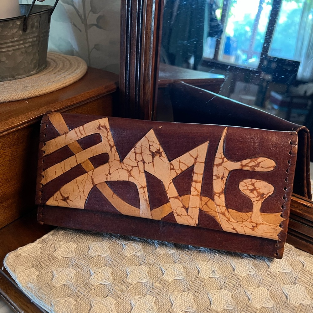 NO BRAND *Vintage* Hand Sewn Leather and Inlay Clutch Purse Brown‎ Tan 10x5x1.5